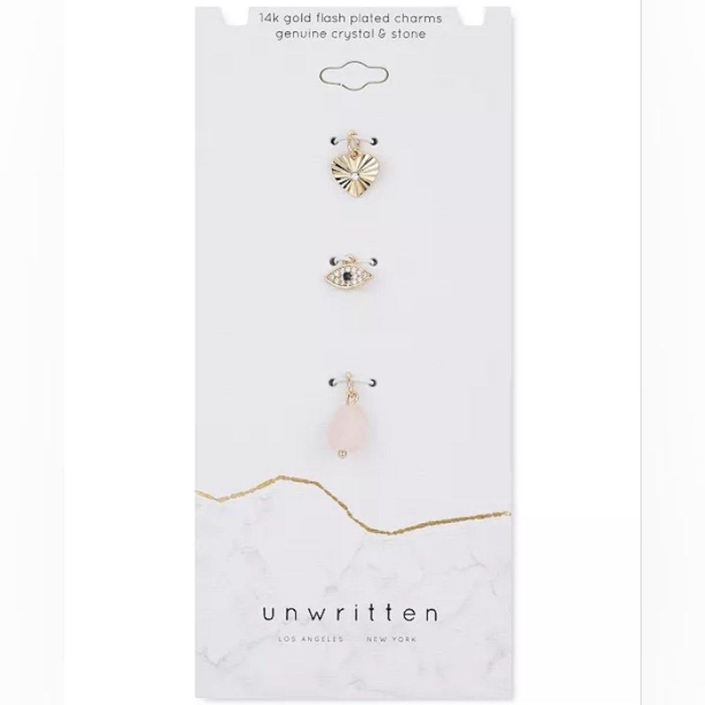 Unwritten 14k Gold Flash-Plated Crystal Heart, Evil Eye & Rose Quartz Charms NWT